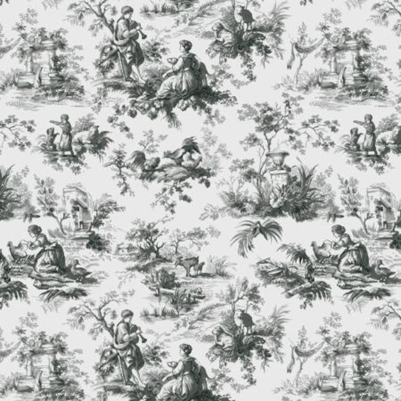 Puede incluir: Un patr&oacute;n de toile en blanco y negro con un dise&ntilde;o repetitivo de personas, animales y plantas. El patr&oacute;n est&aacute; sobre un fondo blanco.