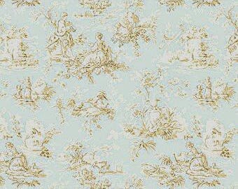 Upholstery Fabric, Drapery Fabric, Spa Green/Tan French Toile Fabric, French Country Home, Country Farmhouse, Shabby French Cottage Fabric