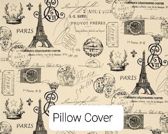 Paris Pillow Cover, Eiffel Tower Pillow Cover, French Script Pillow Cover, French Document Pillow, Black And Ivory Pillow Cover