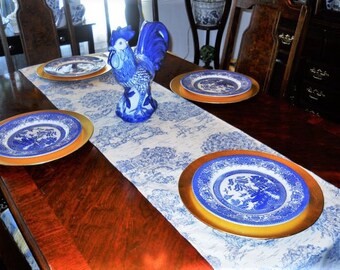Blue Toile Runner, French Toile Table Runner, French Table Linen, Bed Linen, Wedding, Banquet, Buffet Runner, Dresser Runner, Toile Scarf.