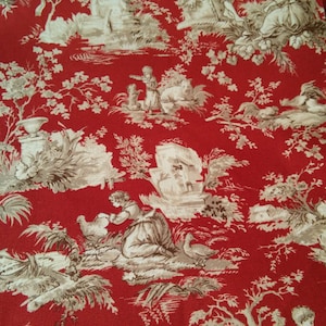 Tela de tapicería, tela para cortinas, tela toile francesa roja, escena pastoral, tela rústica estilo cabaña francesa, yarda/media yarda/cuarto