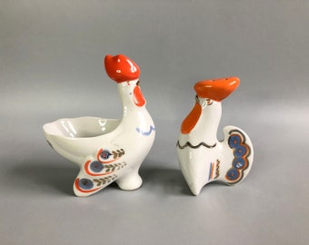 Vintage Salt Cellar Set of 2 Salt Shaker 2 Roosters Soviet kitchen decor USSR White Ceramic Rooster Soviet porcelain figurine