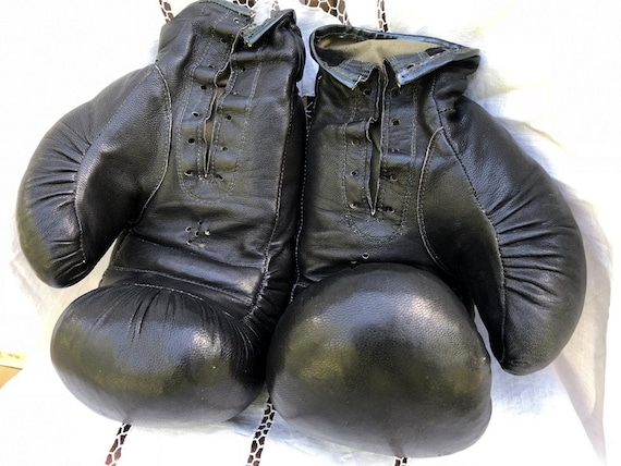 Vintage Soviet Boxing Gloves, Black Leather Boxing