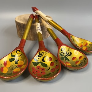 NOS Vintage Khokhloma Spoons set 4 USSR 1980s Hand Painted Wooden spoons Souvenir spoons Red Gold Black spoons  Ethnic Craft