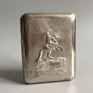 Weinlese-sowjetischen Zigarettenetui UdSSR Visitenkarten Fall Russische Memorabilien Denkmal für Peter den Großengesetzten-Leningrad