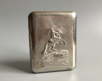 Vintage Soviet Cigarette Case USSR Business Cards Case Soviet Memorabilia Monument to Peter the Great Leningrad