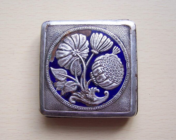 Vintage Metal Powder Box Tin Container. Enameled Blue Flowers. Etsy