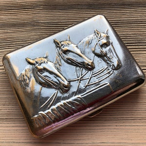Seltene sowjetische Zigarettenetui Pferde Geschenk für Raucher UdSSR Metall Visitenkarten Etui sowjetischen Geschenk