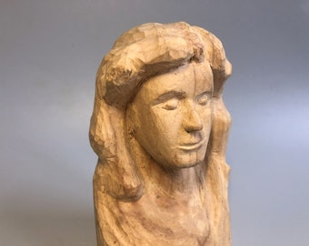 Vintage Woman Bust Female Wooden Sculpture Hand Carved Vintage statue