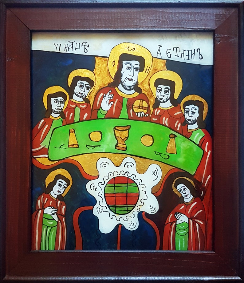 Last Supper Original Romanian Traditional Folk Icon on Acrylic Glass, 100% Hand Painted, Wooden Frame, Naive Christian Art, Free Shipping image 5