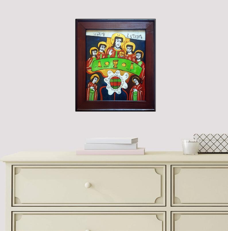 Last Supper Original Romanian Traditional Folk Icon on Acrylic Glass, 100% Hand Painted, Wooden Frame, Naive Christian Art, Free Shipping image 7