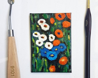 Fridge Magnet Original Painting on Hardboard Canvas - Miniature Modern Hand-Painted Acrylic Art - FIELD OF FLOWERS, Affordable Original Gift