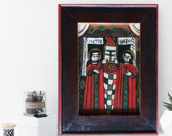 Saints Peter and Paul, Traditional Romanian Folk Icon, Reverse Painting on Glass, Wooden Frame, Hand-Painted Naive Religious, Free Shipping