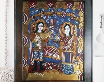 ARCHANGES MICHAEL et GABRIEL, icône folklorique traditionnelle roumaine, verso fait main peinture sur verre, art naïf, livraison gratuite dans le monde entier