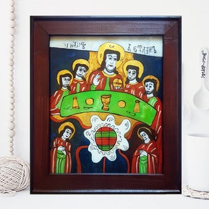 Last Supper Original Romanian Traditional Folk Icon on Acrylic Glass, 100% Hand Painted, Wooden Frame, Naive Christian Art, Free Shipping image 1