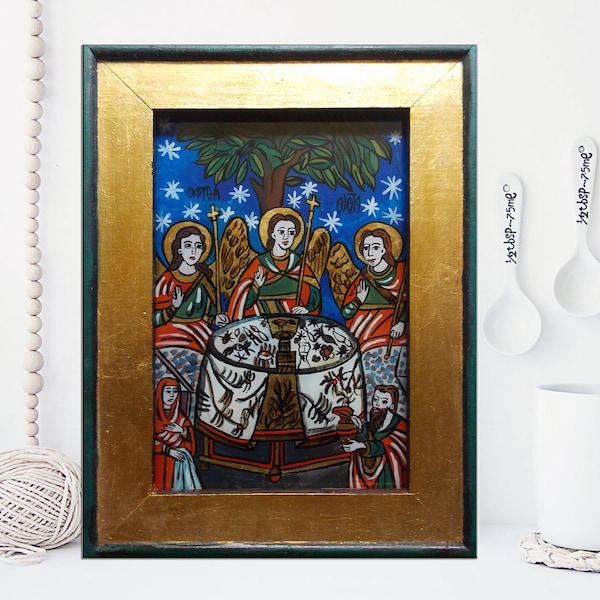 LA SAINTE TRINITÉ, peinture originale sur verre inversée, art folklorique roumain traditionnel sur verre dans cadre en bois art chrétien, livraison gratuite