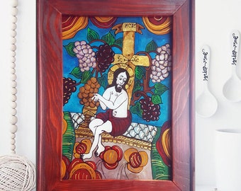 JESUS WITH VINES, Romanian Traditional Folk Icon on Acrylic Glass, Reverse Side 100% Hand-Painted Naive Art, , Wood Frame, Free shipping