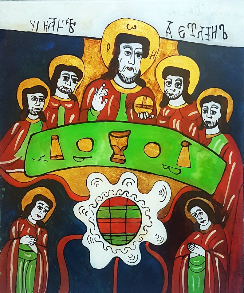 Last Supper Original Romanian Traditional Folk Icon on Acrylic Glass, 100% Hand Painted, Wooden Frame, Naive Christian Art, Free Shipping image 2