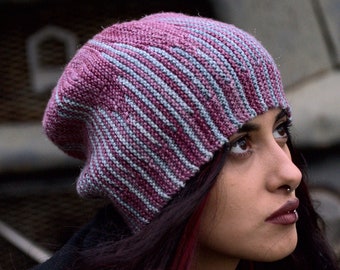Equalised striped slouchy beanie Hat PDF knitting pattern (instructions)