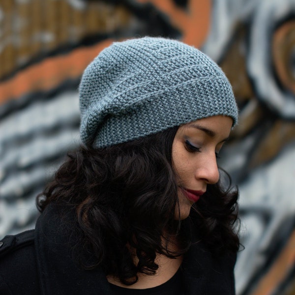 Ruschia sideways knit slouchy Hat PDF knitting pattern (instructions)
