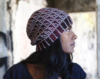 Little Boxes mosaic colourwork sideways knit slouchy beanie Hat PDF knitting pattern (instructions)