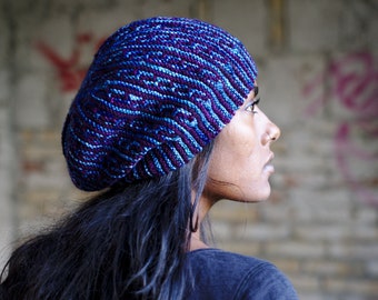 High Rise mosaic colourwork sideways knit slouchy beanie Hat PDF knitting pattern (instructions)