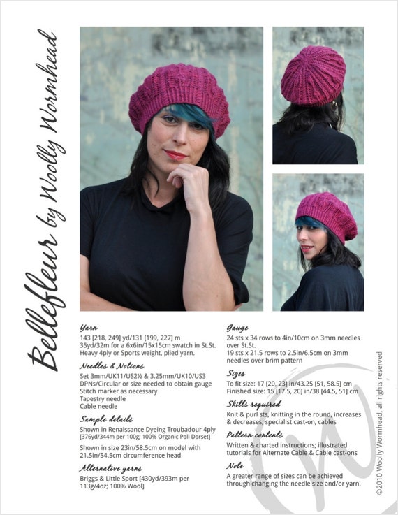 Bellefleur Cable Lace Beret Pdf Knitting Pattern Etsy