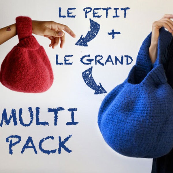Four PDF Patterns, english and french versions included: le Grand et le Petit Knotbag, felted wool,easy, rewarding, quick crochet patterns