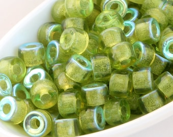 30pcs Olivine Green Rainbow Pony beads 6x4mm 2mm large hole Roller beads Czech Glass Beads round big spacer beads