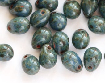 25pcs Picasso Blue Czech glass drops 5x7mm Czech Dark Blue Travertine Teardrop Beads Briolette 7x5mm