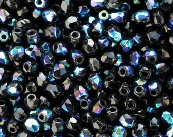 100pcs Rainbow Black 3mm Czech Glass Fire Polished Beads Round Glass Facet polish Beads 3mm jet rainbow