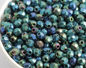 100pcs Iris Green 3mm Czech Fire Polished Glass Beads Round Polished beads 3mm Metallic Green