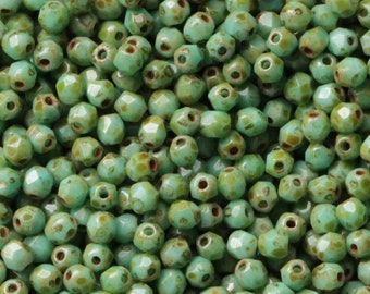 100pcs Green Turquoise Picasso 3mm Czech Fire Polished Glass Beads Antique Green Turquoise travertine bohemian beads faceted beads