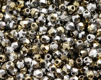 100pcs metallic Gold Silver 3mm Czech Glass Fire Polished breads, 3mm Facet Beads California silver