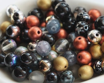 50pcs Grey Black Round 6mm Mix Czech Glass Beads 6mm Smooth Round Mixed Beads Black Jet Grey Gray Gold Copper