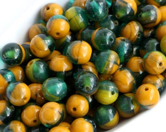 50pcs Mix Green brown Round Beads 6mm Czech Glass Druk Beads 6mm, Mixed Round Glass Beads Mustard Olivine