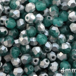 50pcs Silver Green Matte 4mm Czech Fire Polished Glass Bead Faceted Round Beads Frosted Aqua Green Round Glass Beads 4mm