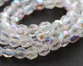 50pcs Rainbow Crystal Czech Fire Polished Beads 4mm Round Facet Glass bead rainbow clear white