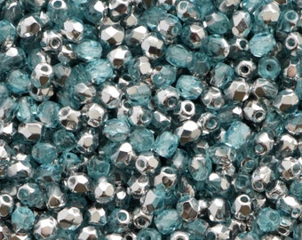 100pcs Silver Aquamarine bead 3mm Czech Glass Fire Polished bead Round glass Beads 3mm blue faceted beads