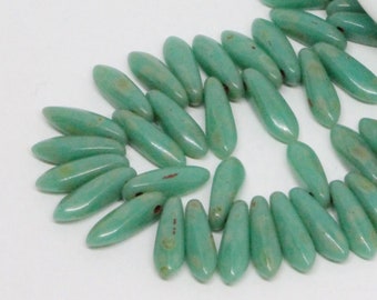 50pcs Turquoise Picasso Daggers 3x11mm Czech Glass Leaf Daggers Beads 11mm Antique Green Travertine