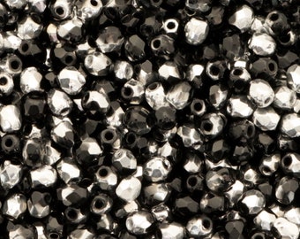 100pcs Silver Black polish bead 3mm Czech Fire Polished Glass Beads Faceted Round Beads 3mm jet silver