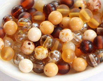 50pcs Czech Round Glass Beads Mix Czech Round Beads Smooth Round Mixed Glass Beads Mixes Beige Brown Caramel