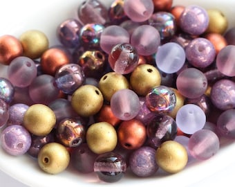 50pcs 6mm Czech Glass Mix beads Smooth Round Beads Mixed Round Glass Beads Lilac Amethyst Lavender Gold Copper