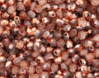 100pcs Apollo Gold Faceted Beads 3mm Czech Fire Polished Glass Polish Faceted Round Beads pink gold