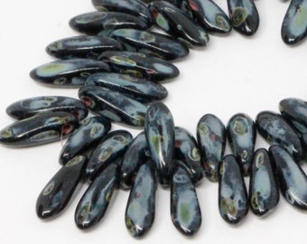 50pcs Picasso Black Daggers 3x11mm Czech Glass Daggers Beads Small Leaf Black Antique Jet Grey