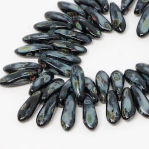 50pcs Picasso Black Daggers 3x11mm Czech Glass Daggers Beads Small Leaf Black Antique Jet Grey
