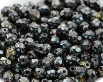 50pcs Antique Black Picasso glass bead 4mm Czech Fire Polished Beads Jet Faceted Round beads Antique Rustic black