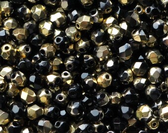50pcs Black Gold Czech Glass facet Beads 4mm Fire Polished Black Small Glass Facet Round Beads golden
