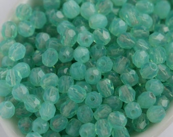 Milky Mint Menthol Green (50pcs) Czech Glass Fire Polished Beads 4mm Faceted Bead Opal Green