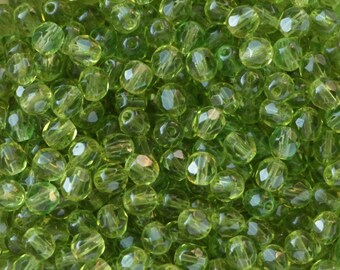 50pcs Olivine Green 4mm Czech Fire Polished Round Green Glass Faceted Beads 4mm khaki green